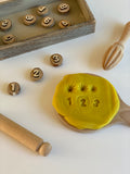 Carla’s Treasure Wooden Number Playdough Stamps / Double Sided 0-9 log slices